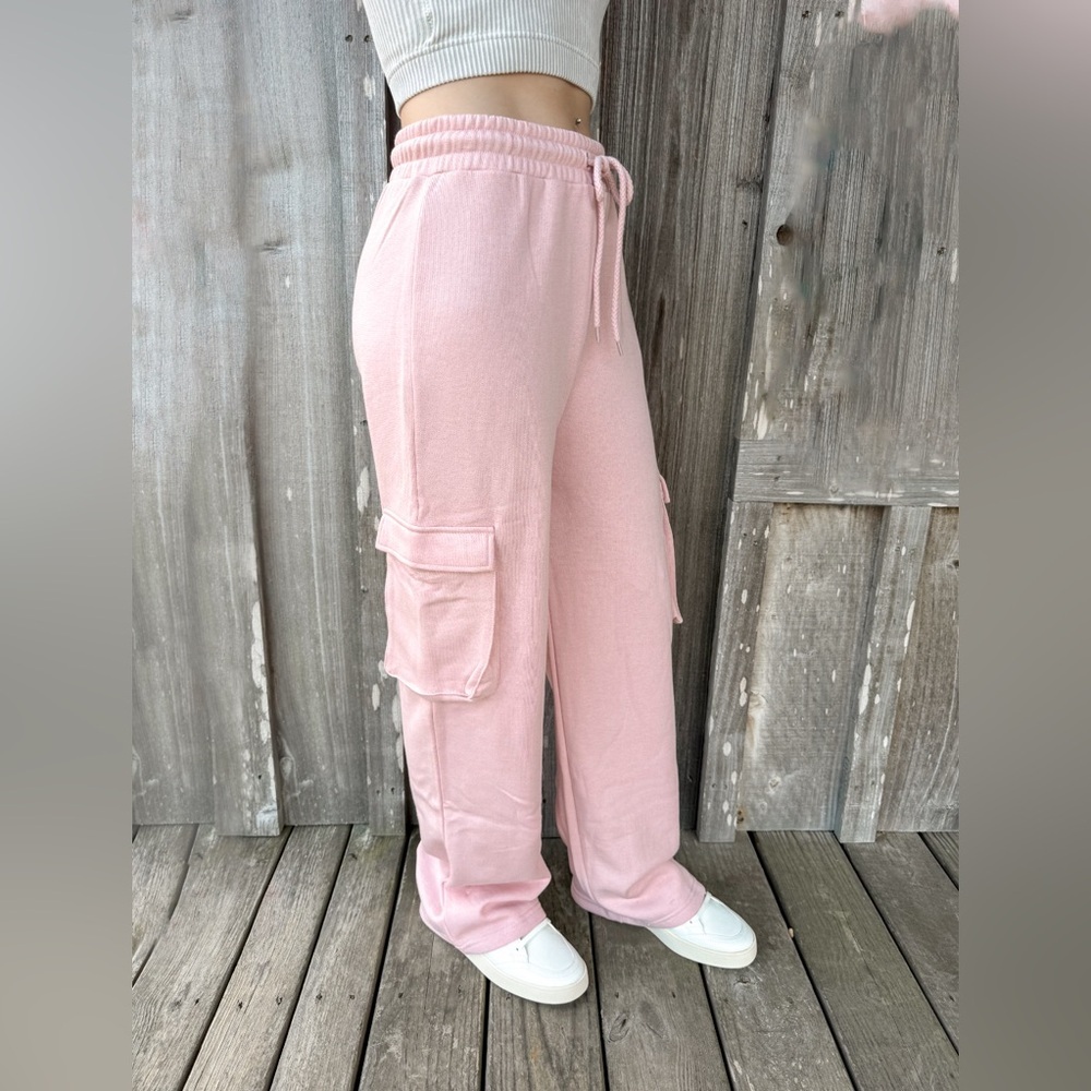 FLEECE CARGO POCKET STRAIGHT LEG JOGGER- PINK - Picture 2 of 3